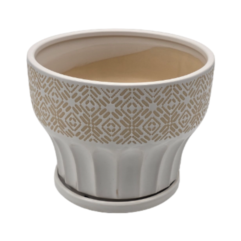 Macetero Maceta De Ceramica Blanco Patrones Beige Alto L-2