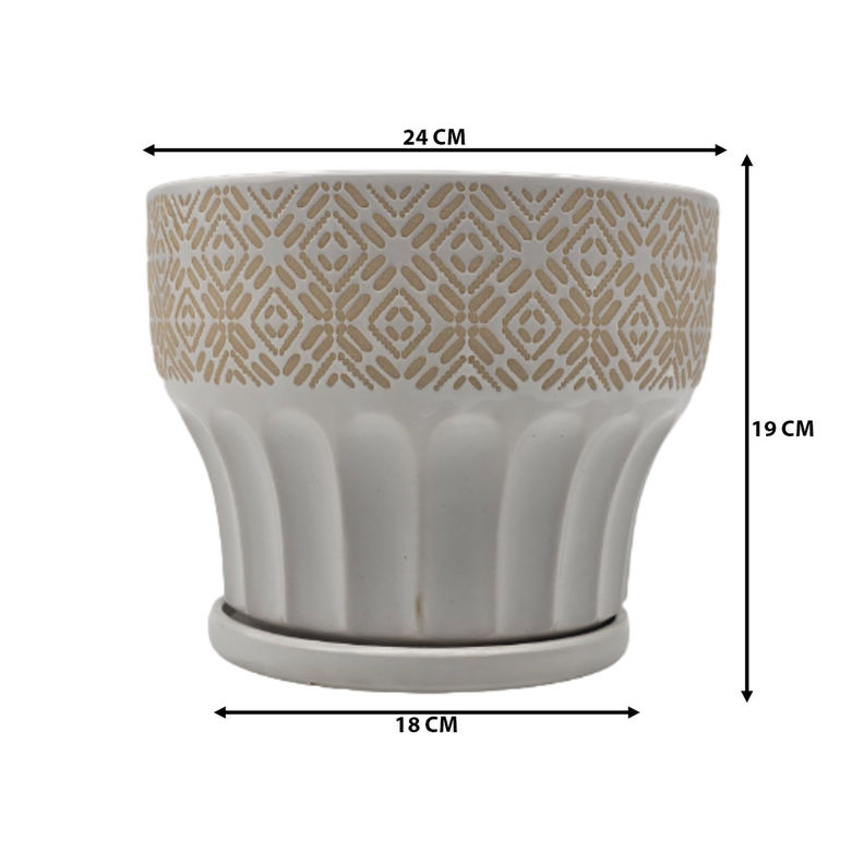 Macetero Maceta De Ceramica Blanco Patrones Beige Alto L-6