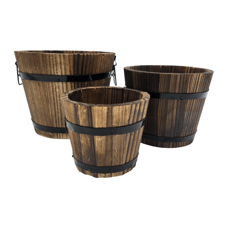 Set 3 Maceteros De Madera Tipo Barril Para Jardín Terrazas-0