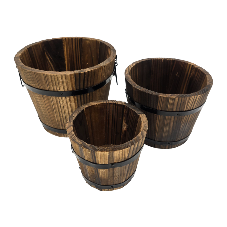 Set 3 Maceteros De Madera Tipo Barril Para Jardín Terrazas-1