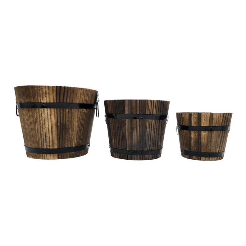 Set 3 Maceteros De Madera Tipo Barril Para Jardín Terrazas-2