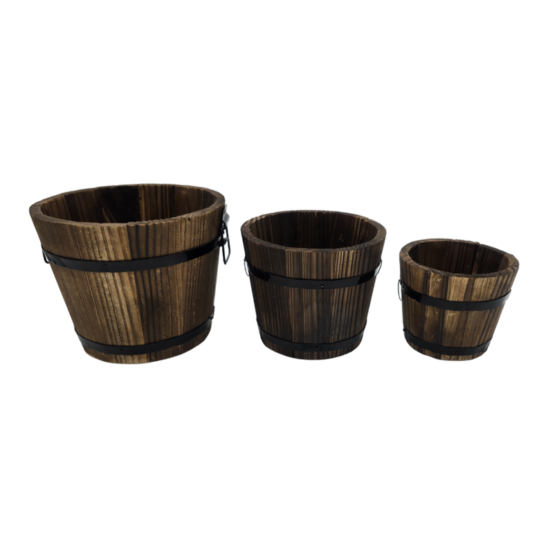 Set 3 Maceteros De Madera Tipo Barril Para Jardín Terrazas-3