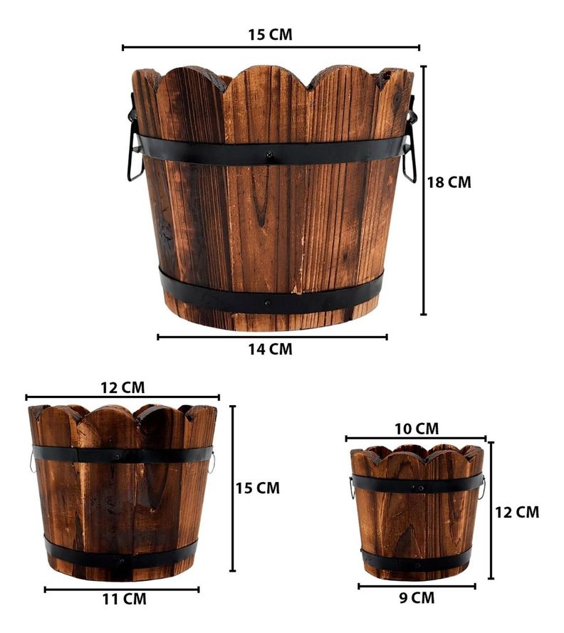 Set 3 Maceteros De Madera Tipo Barril Para Jardín Terrazas-4