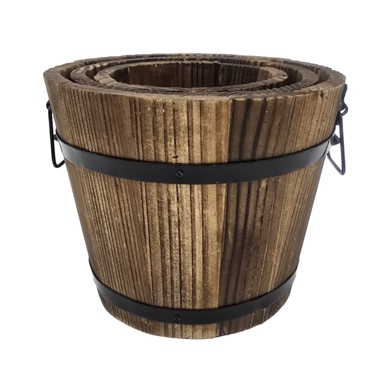 Set 3 Maceteros De Madera Tipo Barril Para Jardín Terrazas-5