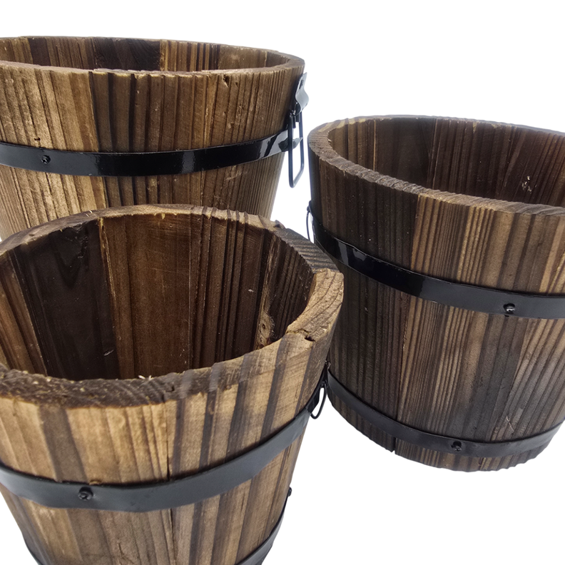 Set 3 Maceteros De Madera Tipo Barril Para Jardín Terrazas-7