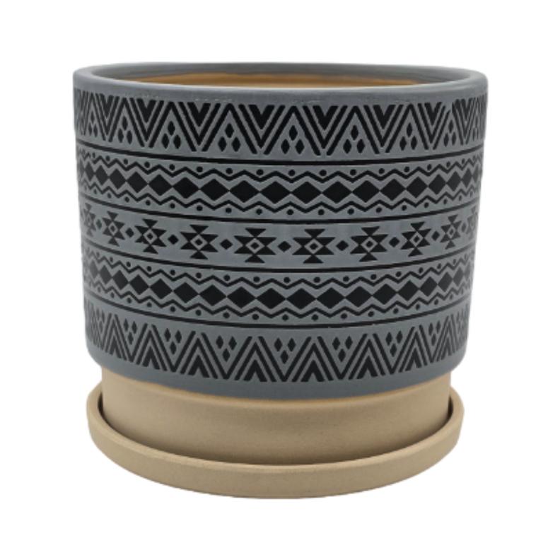 Macetero Maceta De Ceramica Gris Con Patrones Negros M-0
