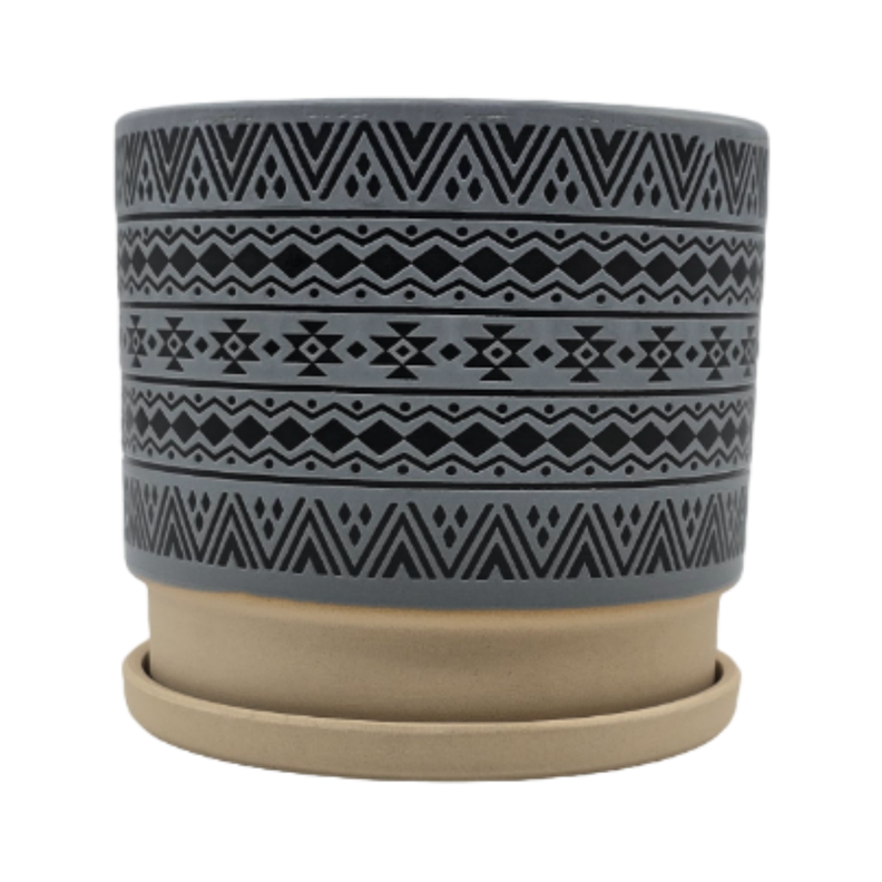 Macetero Maceta De Ceramica Gris Con Patrones Negros M-1
