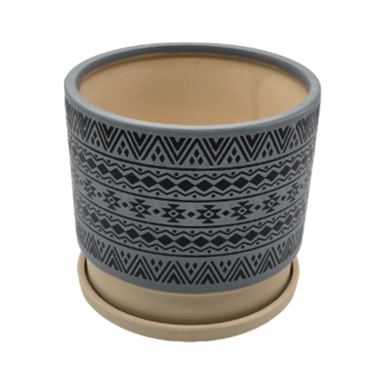 Macetero Maceta De Ceramica Gris Con Patrones Negros M-3