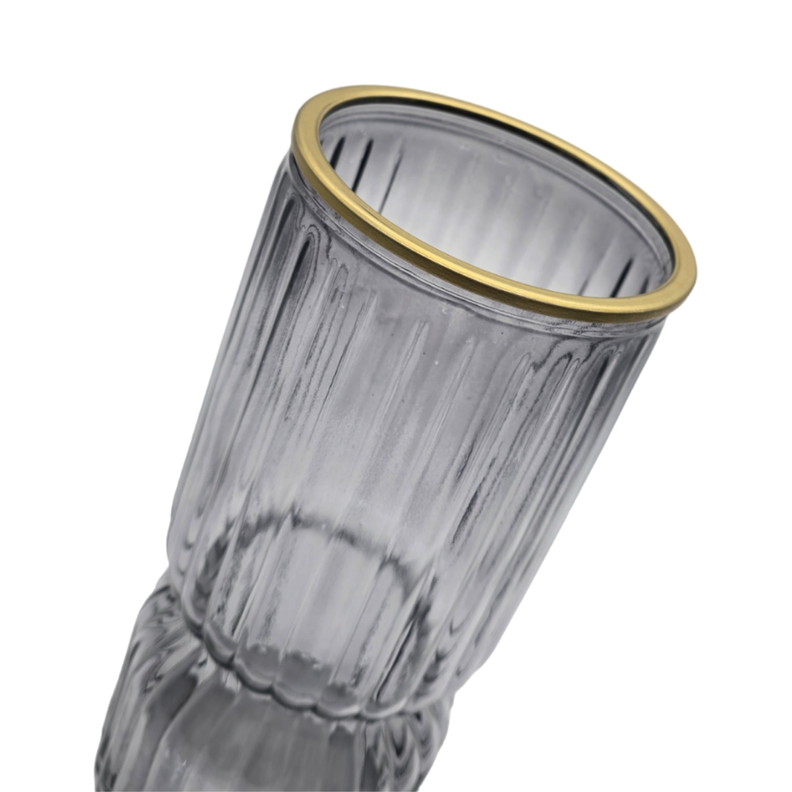Florero Decorativo De Vidrio Con Diseño Borde Dorado Gris-2