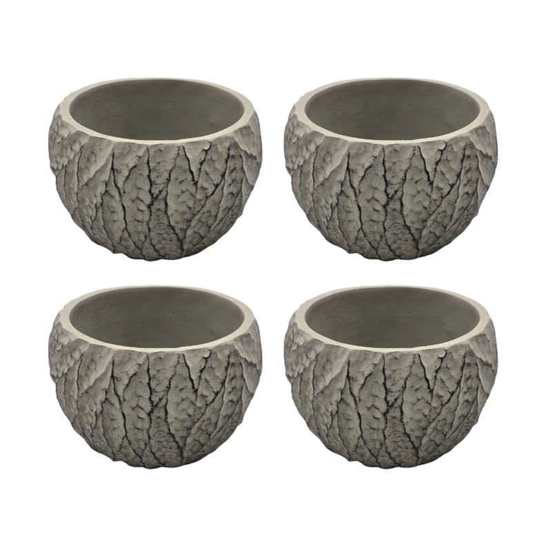 Set 4 Macetero Maceta Acabado Cemento Relieve Hojas Gris S-0