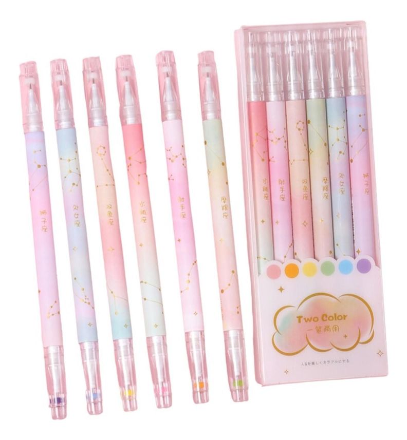 Set 6 Lapices Doble Punta Tinta Gel Color Arcoiris Y Negro-0
