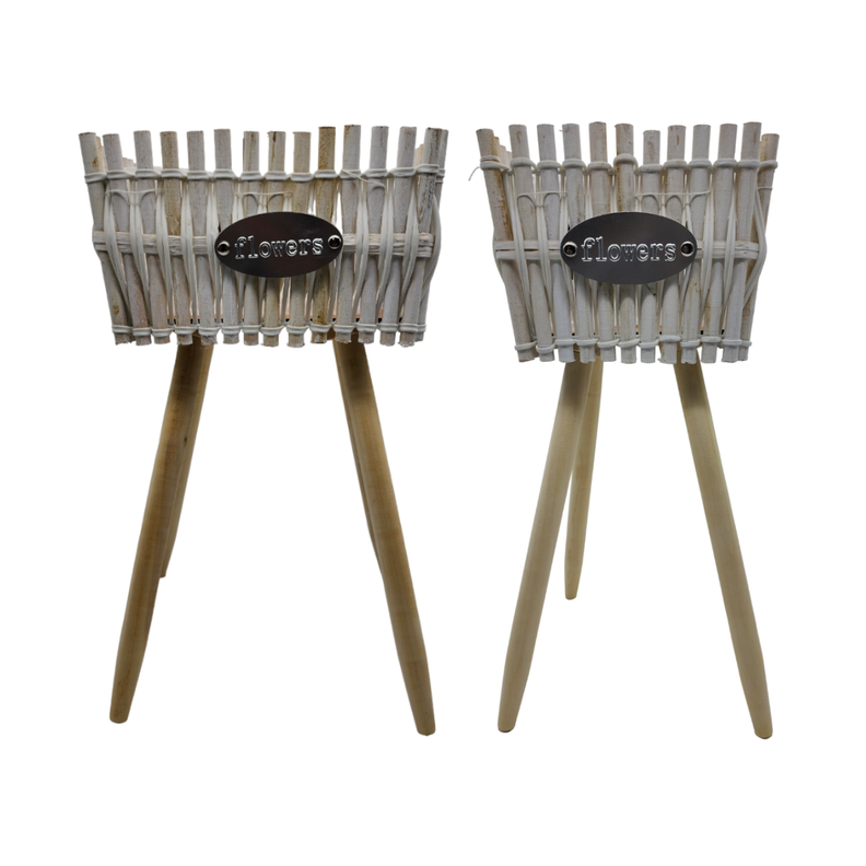 Set 2 Macetero Pedestal Madera Rustico Porta Macetero Blanco-0