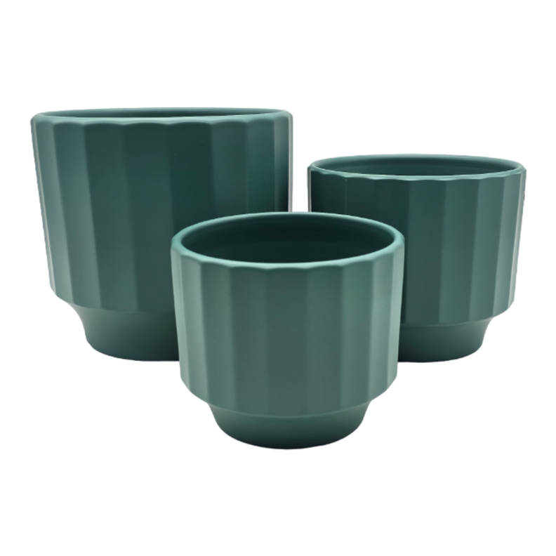 Set 3 Macetero Maceta De Ceramica Verde Lineas Verticales-1