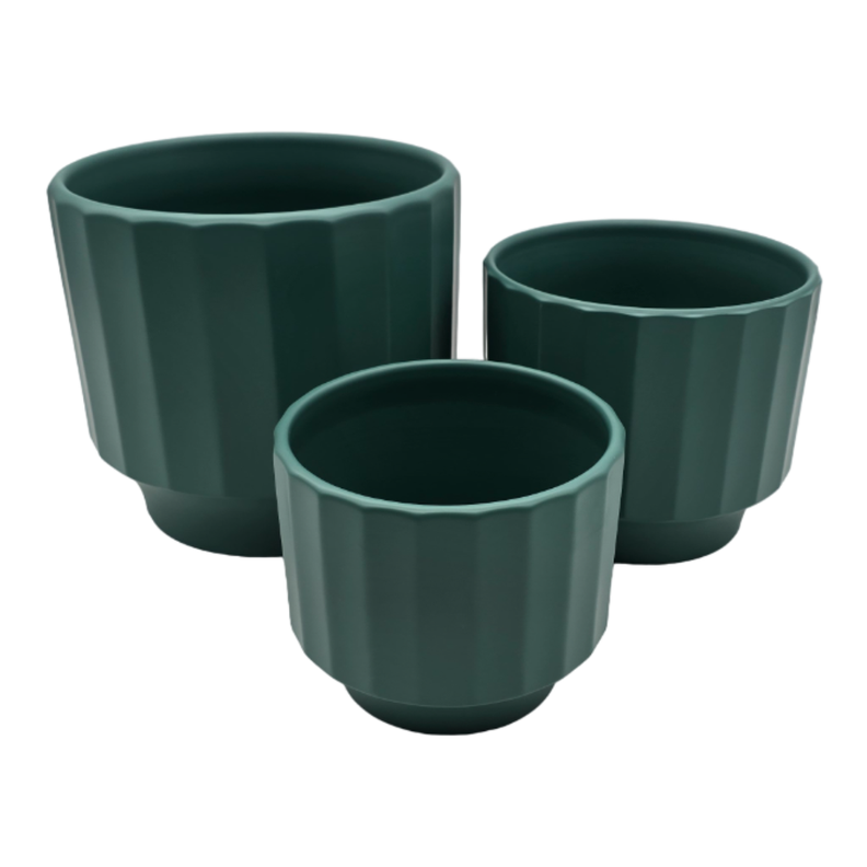 Set 3 Macetero Maceta De Ceramica Verde Lineas Verticales-2