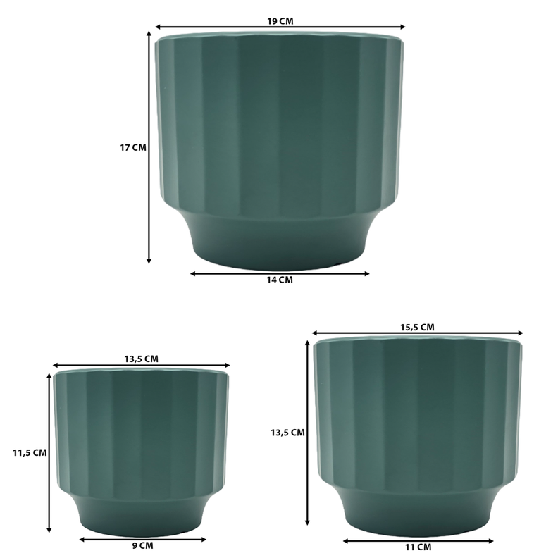 Set 3 Macetero Maceta De Ceramica Verde Lineas Verticales-6