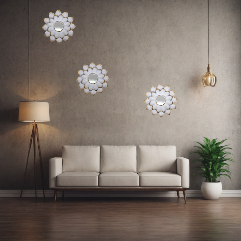 Set 3 Marcos De Espejos Flor De Loto Decorativo Blanco Deco-4