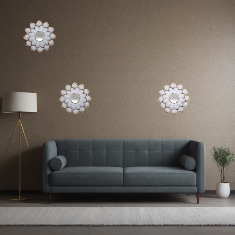 Set 3 Marcos De Espejos Flor De Loto Decorativo Blanco Deco-5
