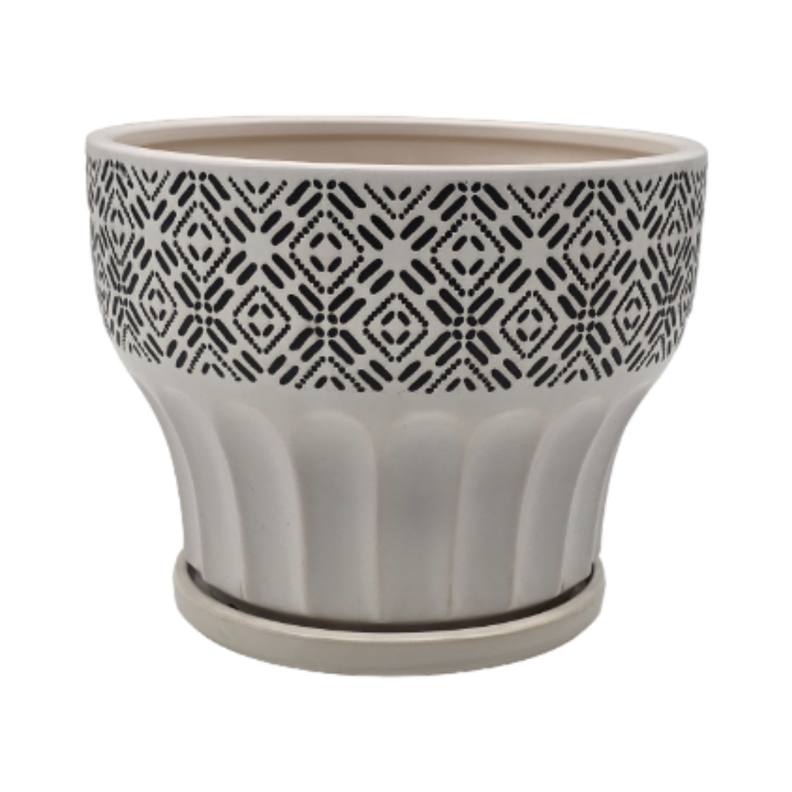Macetero Maceta De Ceramica Blanco Patrones Negro Alto S-0