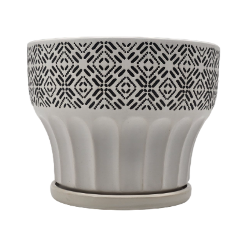 Macetero Maceta De Ceramica Blanco Patrones Negro Alto S-1