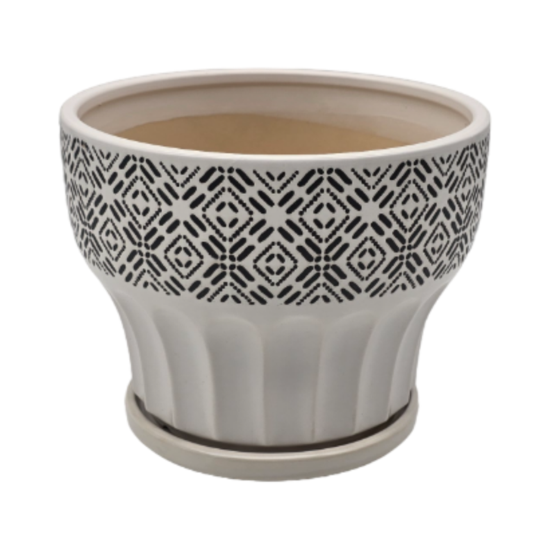 Macetero Maceta De Ceramica Blanco Patrones Negro Alto S-2
