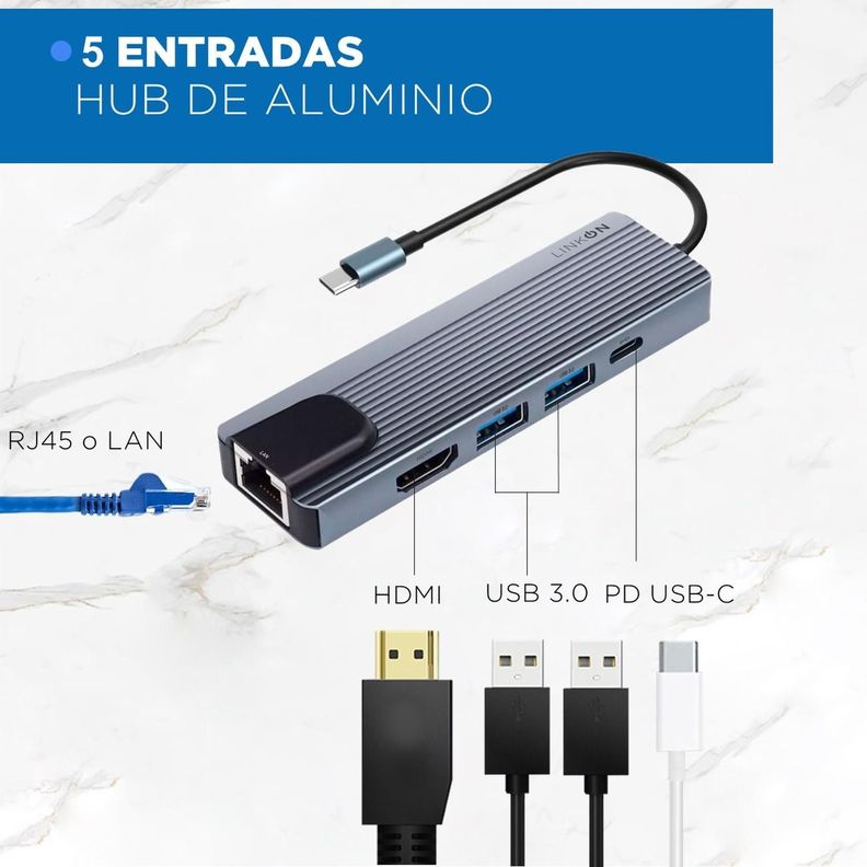 Hub Adaptador Usb Tipo C 5 En 1 Linkon Rj45 Para Mac Windows-1