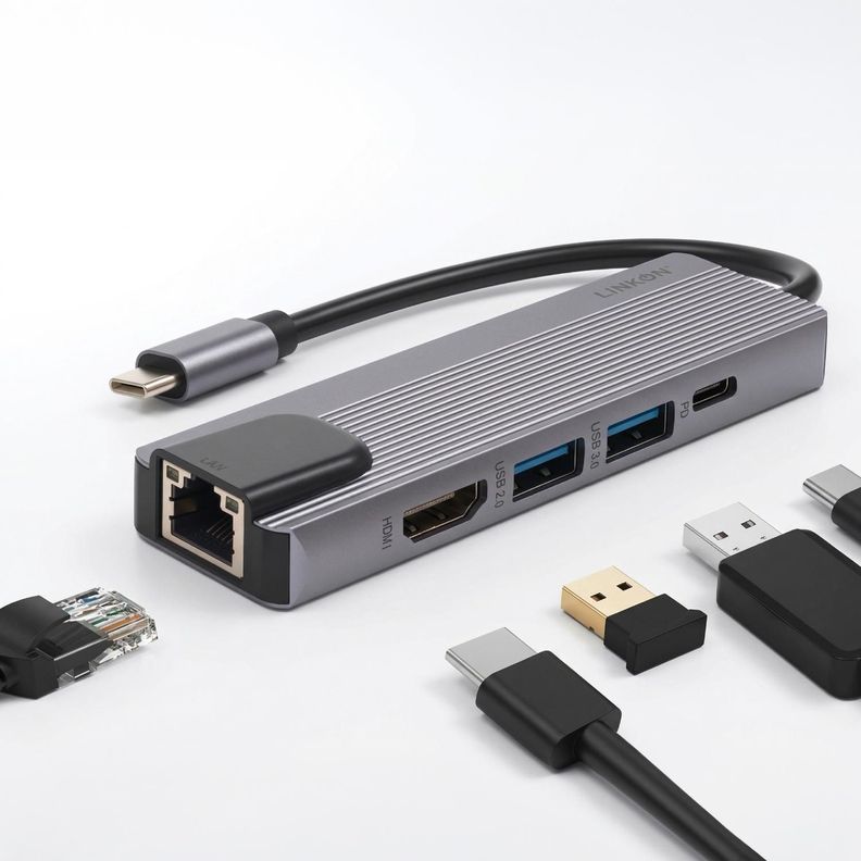Hub Adaptador Usb Tipo C 5 En 1 Linkon Rj45 Para Mac Windows Gris