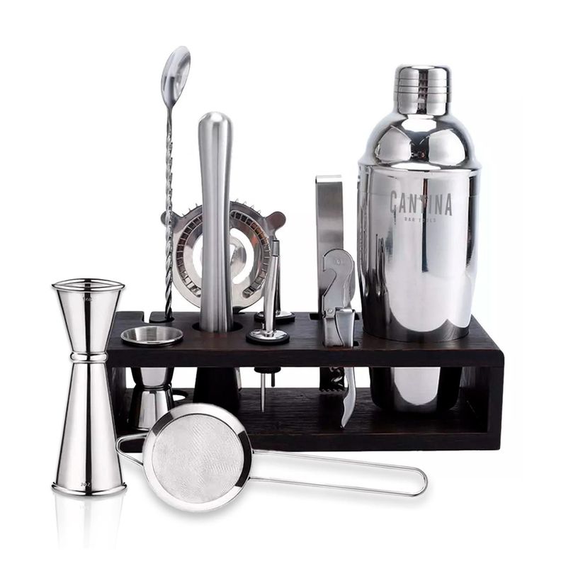 Coctelera Set Bartender Bar 12 piezas Inoxidable Base Madera-0