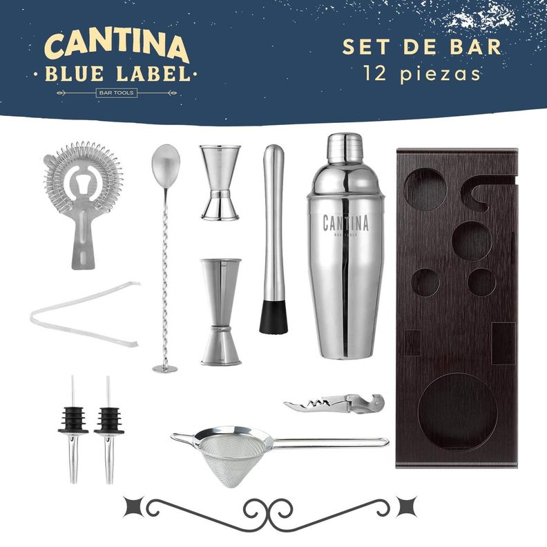 Coctelera Set Bartender Bar 12 piezas Inoxidable Base Madera-1