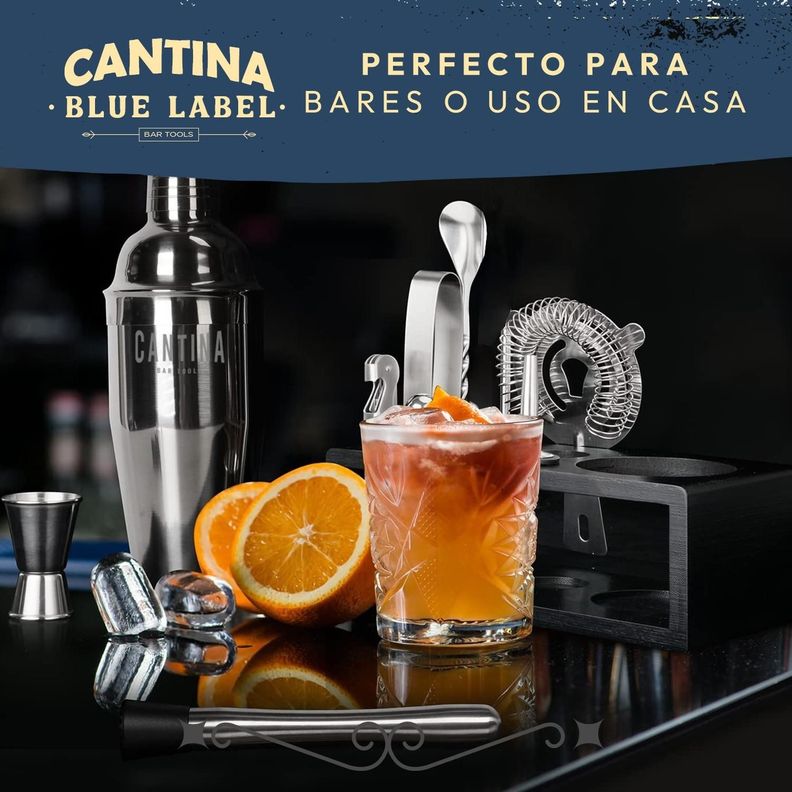 Coctelera Set Bartender Bar 12 piezas Inoxidable Base Madera-6