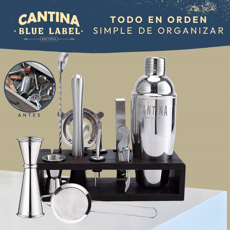 Coctelera Set Bartender Bar 12 piezas Inoxidable Base Madera-7