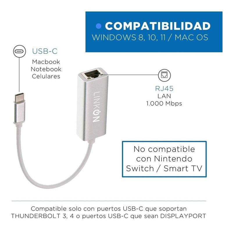 Adaptador Usb c a Rj45 Linkon Lan Ethernet 10/100/1000 Mbps-4