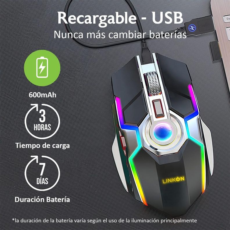 Mouse Gamer Inalambrico Recargable USB Windows Optico RGB-2