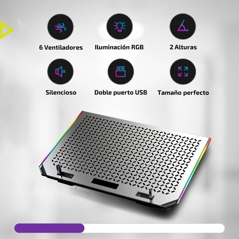 Base Ventilador Notebook Enfriador 6 Fans Aluminio RGB 2 USB-3