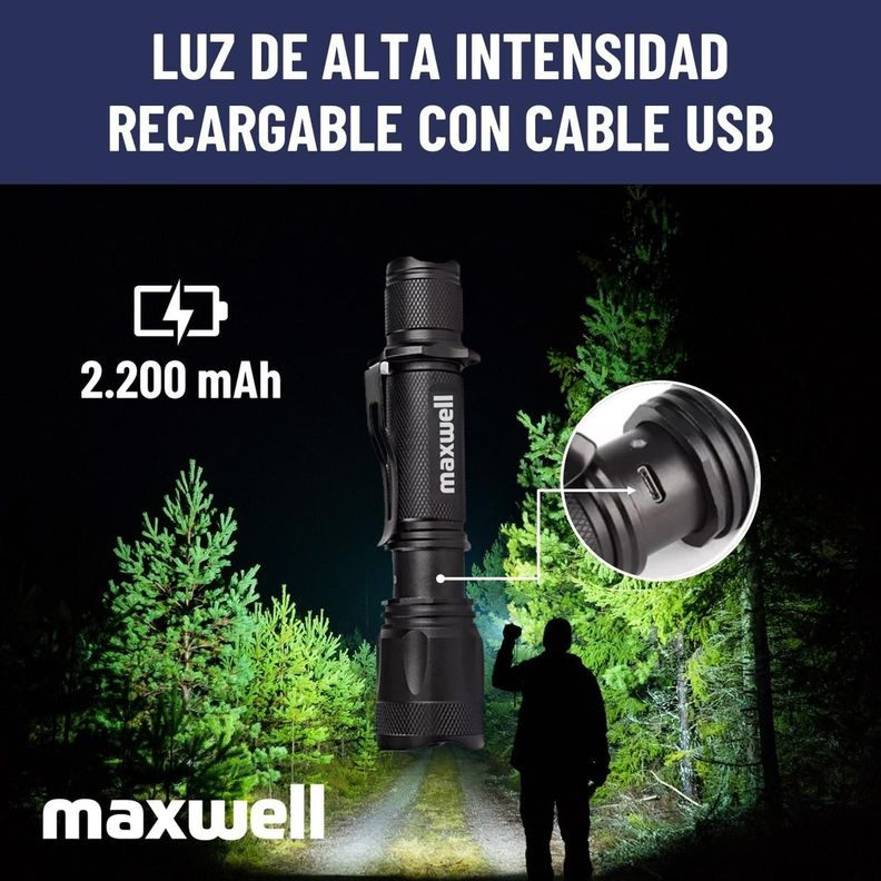 Linterna Led Tactica Maxwell Recargable USB Impermeable-3
