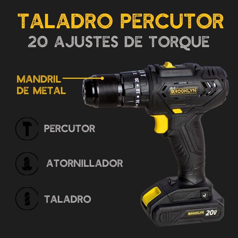 Taladro Inalambrico Percutor 20V +Bateria Mandril Metálico-1