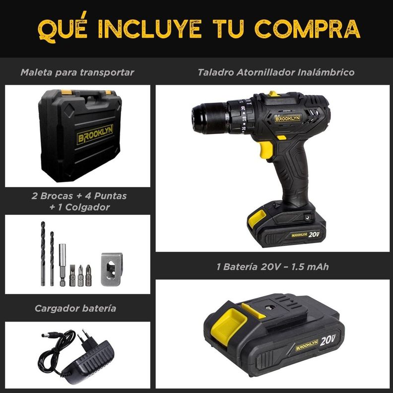 Taladro Inalambrico Percutor 20V +Bateria Mandril Metálico-5