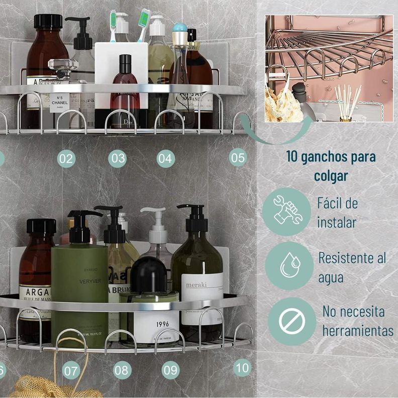 Esquinero Organizador Ducha Baño Adhesivo Set 2 Inoxidable-3