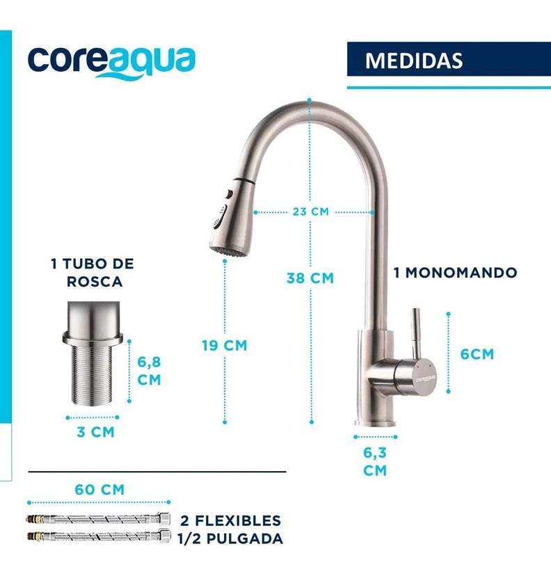 Llave Monomando Lavaplatos Extraible Griferia Cocina Coreaqu-7