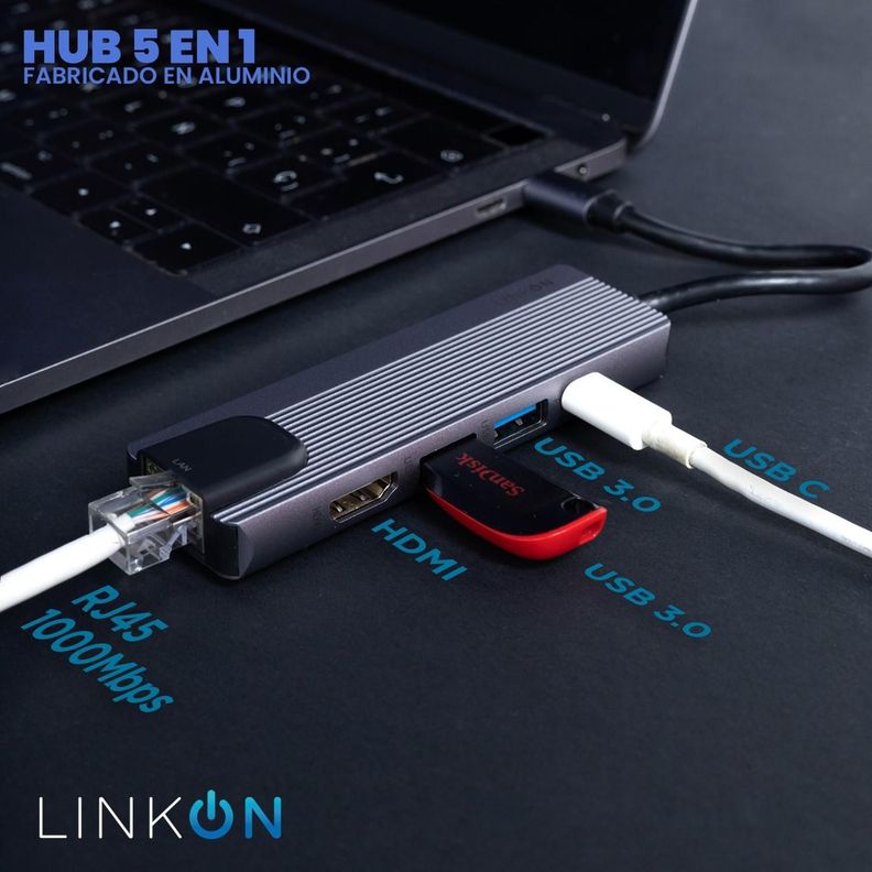 Hub Adaptador Usb Tipo C 5 En 1 Linkon 1000 Mbps Mac Windows-1
