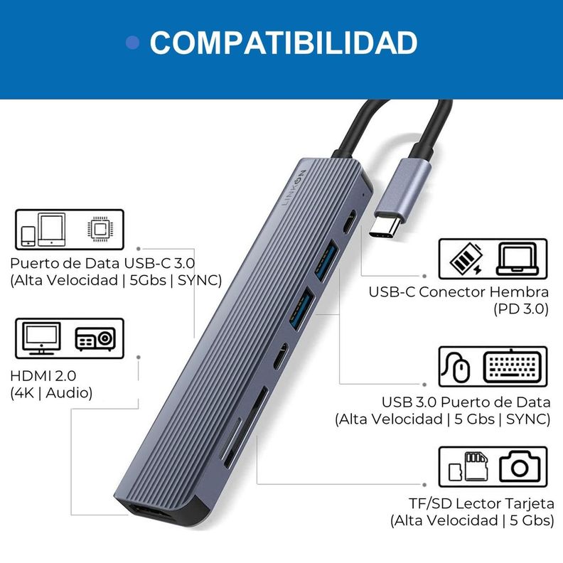 Hub Adaptador Usb C 7 En 1 Linkon Para Mac Macbook Windows-8