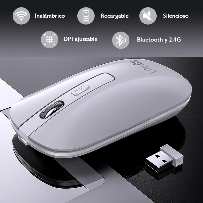 Mouse Inalambrico Dual Bluetooth USB Recargable Mac Windows blanco-2