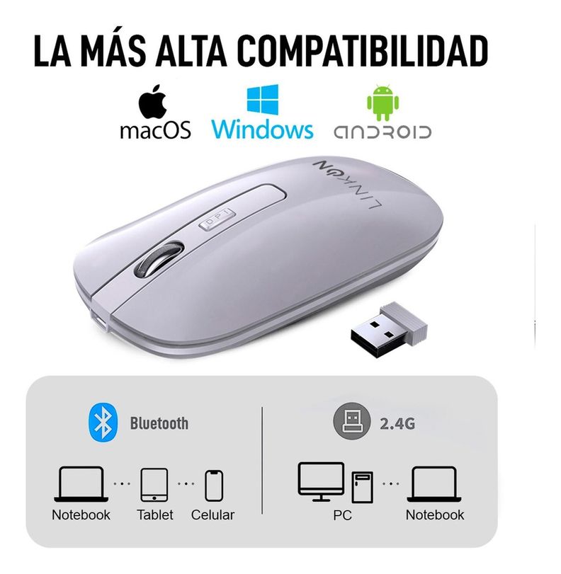 Mouse Inalambrico Dual Bluetooth USB Recargable Mac Windows blanco-6