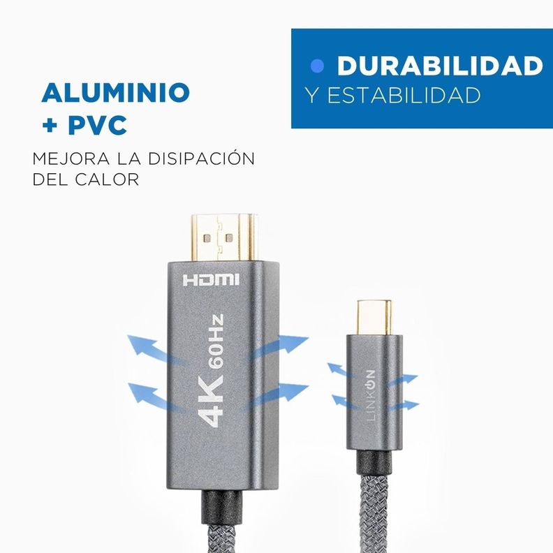 Cable Adaptador USB C a HDMI V2.1 4K 60Hz Trenzado Oro 2mt-2