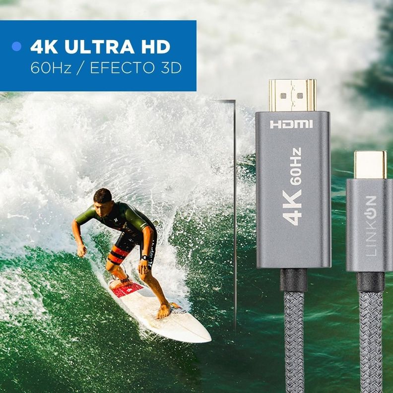Cable Adaptador USB C a HDMI V2.1 4K 60Hz Trenzado Oro 2mt-5