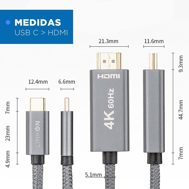 Cable Adaptador USB C a HDMI V2.1 4K 60Hz Trenzado Oro 2mt-7