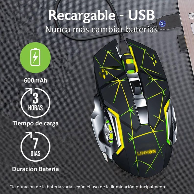 Teclado Led + Mouse Inalámbrico USB Recargable Kit Set Gamer-1
