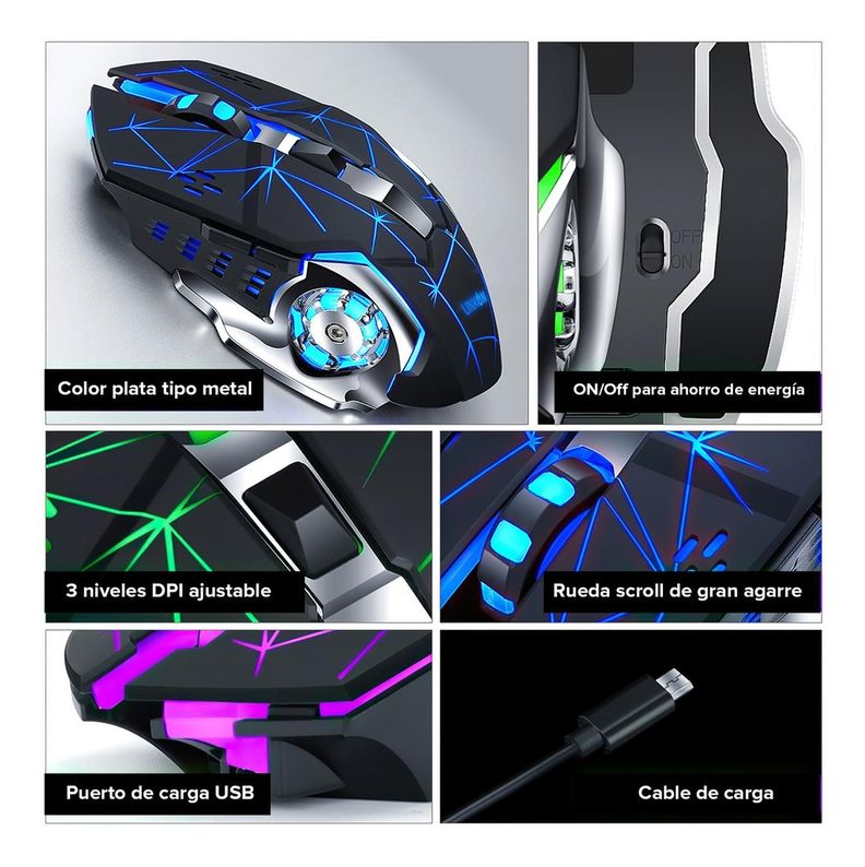 Teclado Led + Mouse Inalámbrico USB Recargable Kit Set Gamer-8