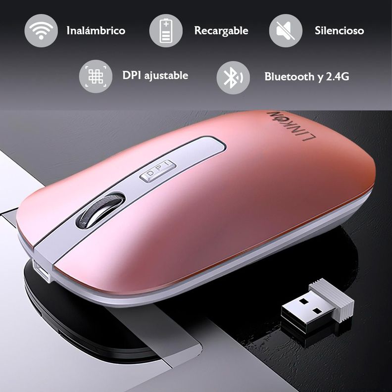 Mouse Inalambrico Dual Bluetooth USB Recargable Mac Windows Rosado-2