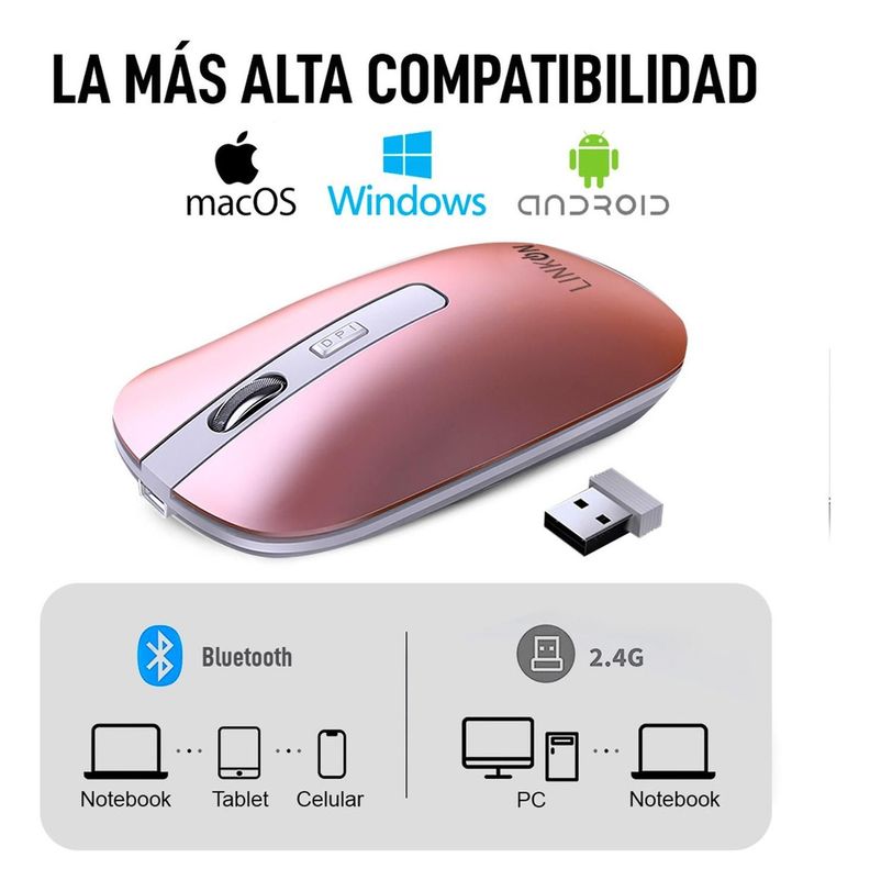 Mouse Inalambrico Dual Bluetooth USB Recargable Mac Windows Rosado-6