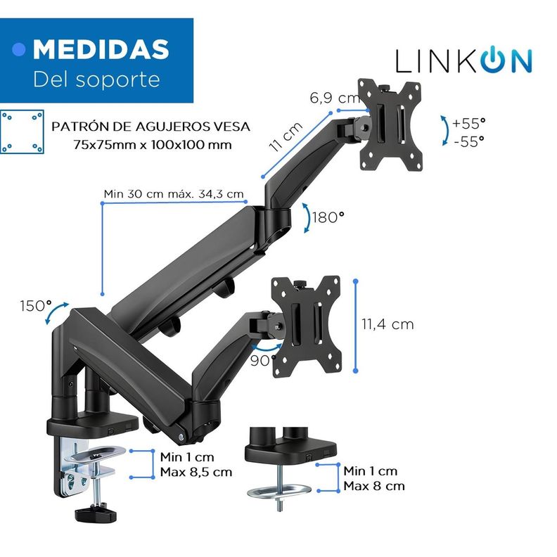 Brazo Soporte Doble Para 2 Monitores Linkon Escritorio Gas-5